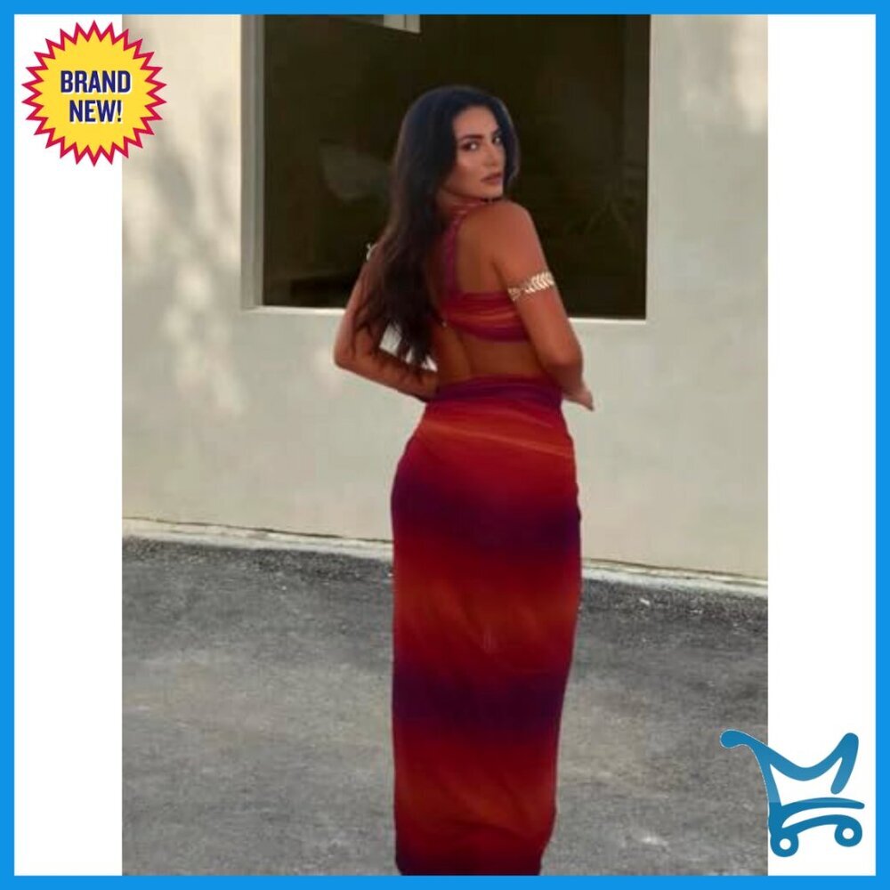 Two Piece Print Set Maxi Skirt With Slit Sexy Vacation Outfits Polyester Spandex - Picture 3 of 3